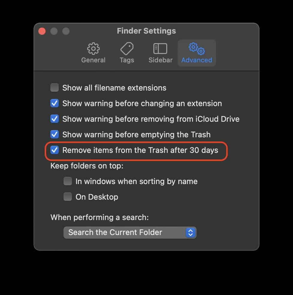 Finder Settings Advanced tab with the option to remove items from the Trash after 30 days highlighted