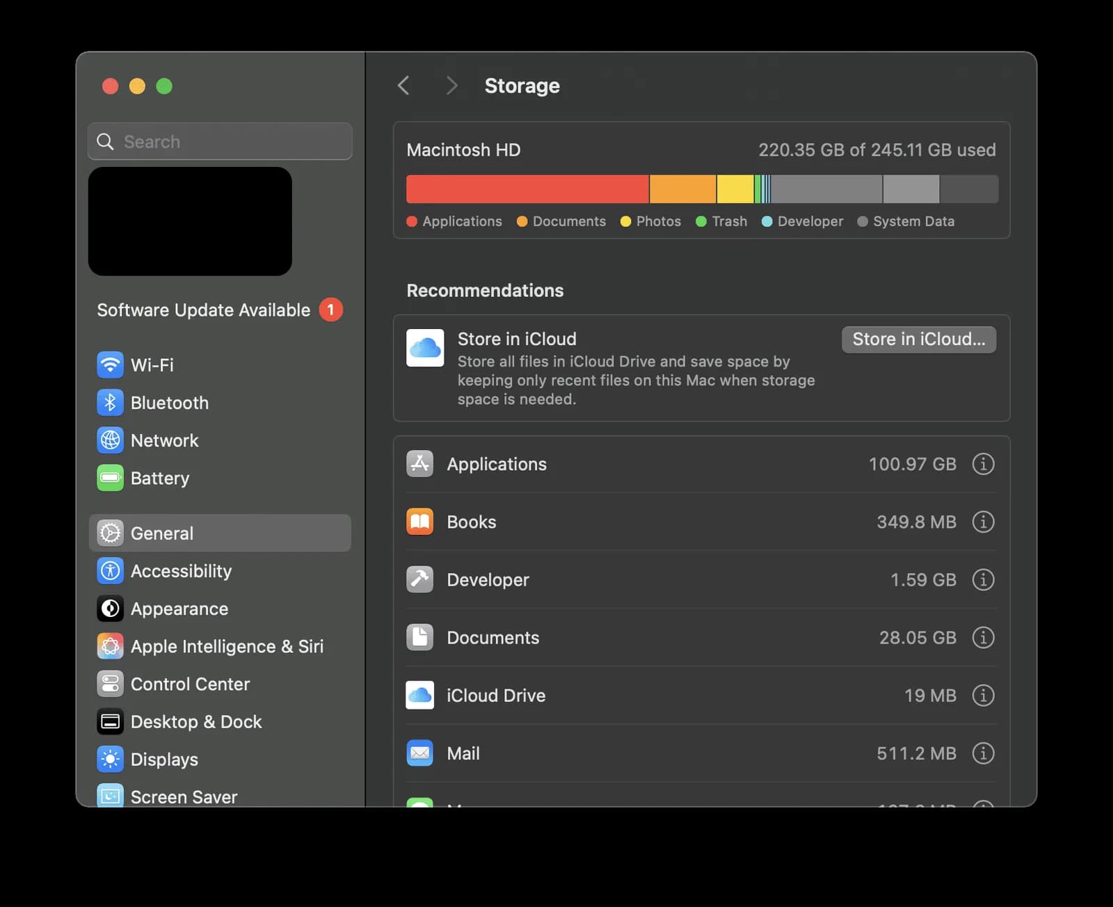 macOS System Settings Storage panel showing the storage breakdown by category