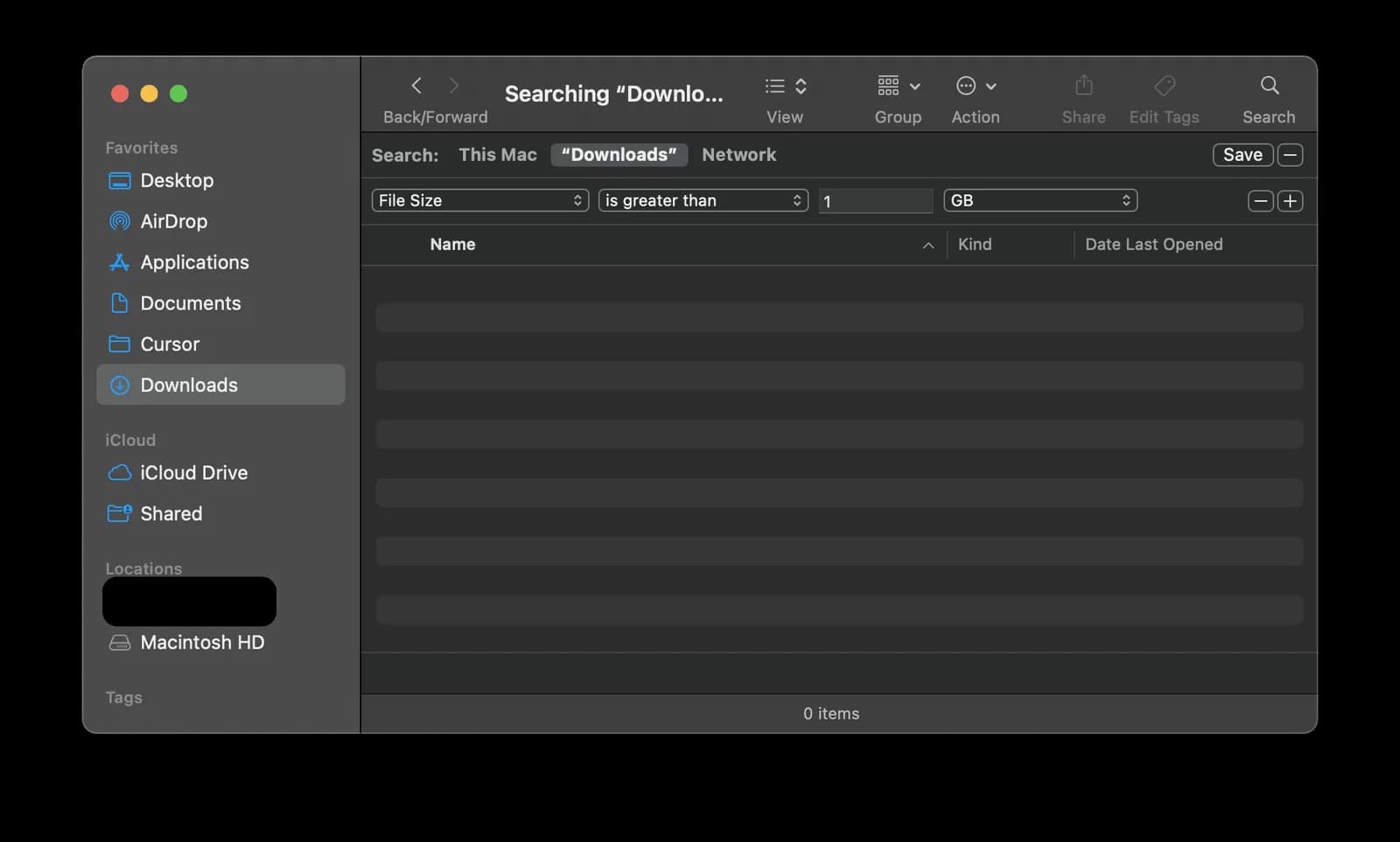 Finder search in the Downloads folder filtered by file size greater than 1 GB