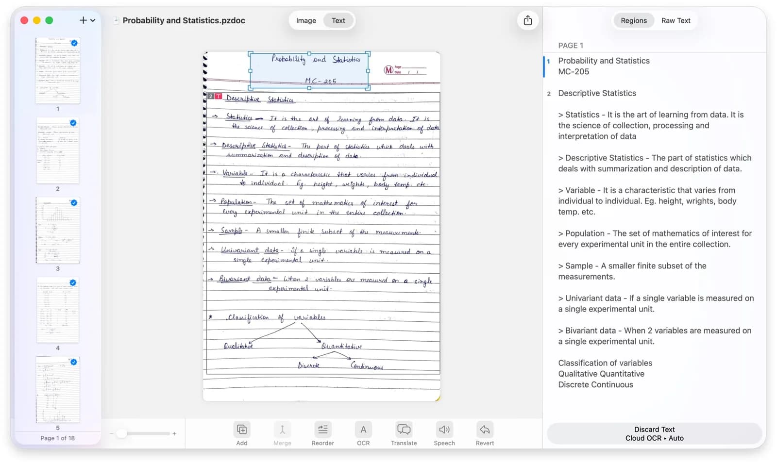 Prizmo OCR app for Mac showing handwriting recognition
